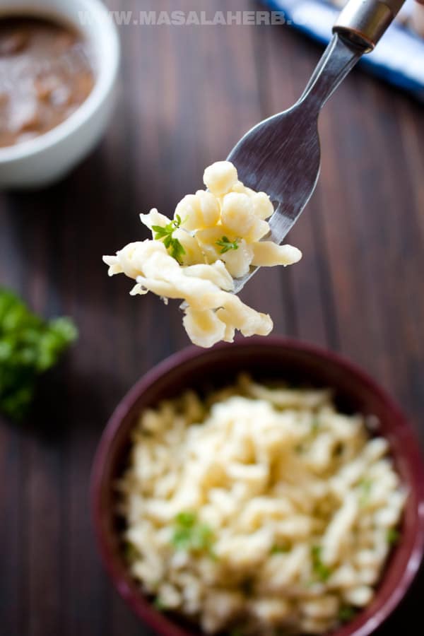 Easy Spaetzle Recipe - How to make perfect Spätzle Noodles! [+Video] from scratch with instructions and spaetzle maker. You can make a hue batch ahead and freeze for later. The Spaetzle make a delicious side dish with other dishes such as a goulash gravy, knoedel, jägerschnitzel, wienerschnitzel, Sauerbraten and Rouladen www.MasalaHerb.com #noodles #DIY #masalaherb