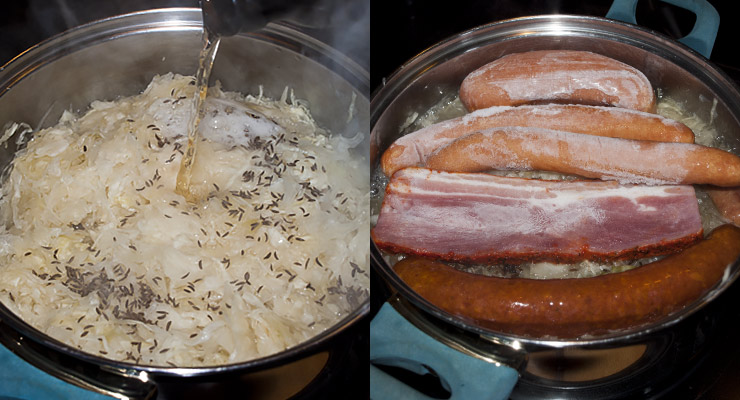 season sauerkraut and add sausages