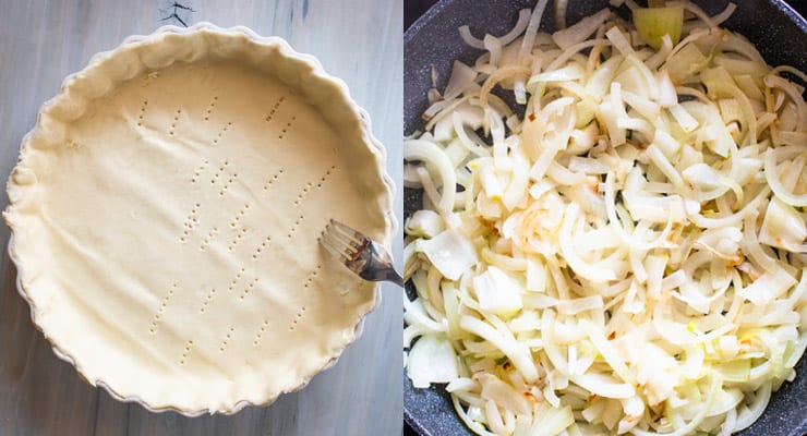 poke holes into your tart pastry, saute onions,