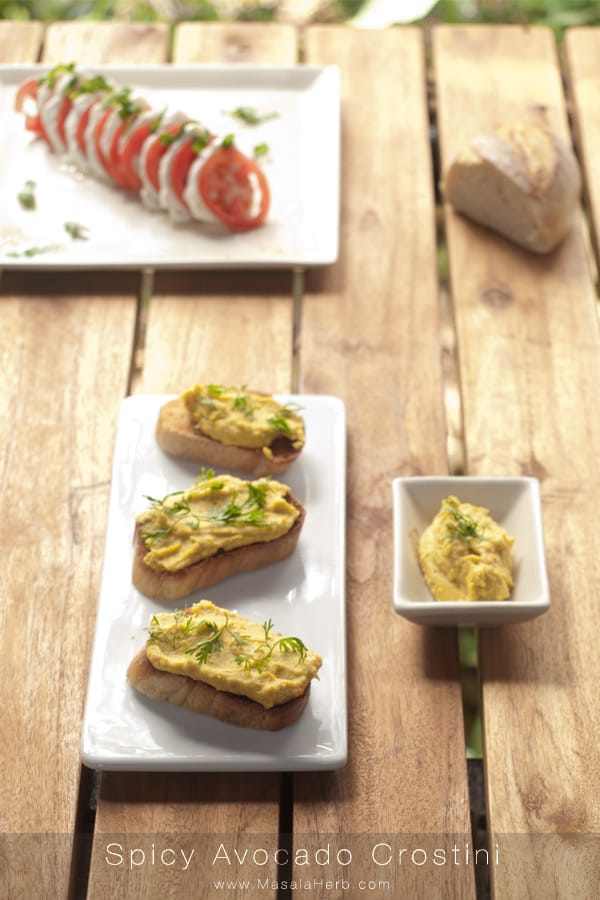 Spicy Avocado Crostini on a platter