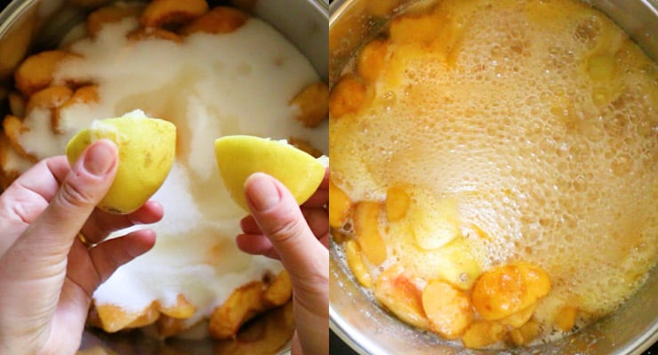 cooking peaches with sugar for jam