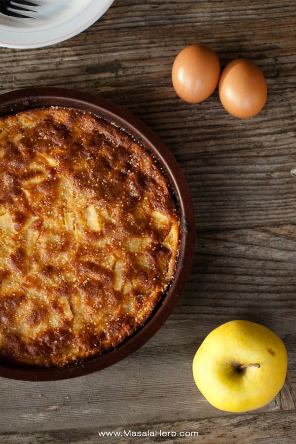 Moist french apple cake with Calvados. Prepare the cake in less then 10 minutes, easy and quick. www.masalaherb.com #recipe