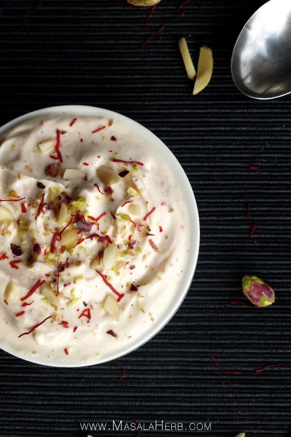 5-Minute Shrikhand Recipe - How to make Shrikhand with Greek Yogurt. Store in the fridge for later. Shrikhand is best served cold. www.masalaherb.com #Recipe #Indian #dessert