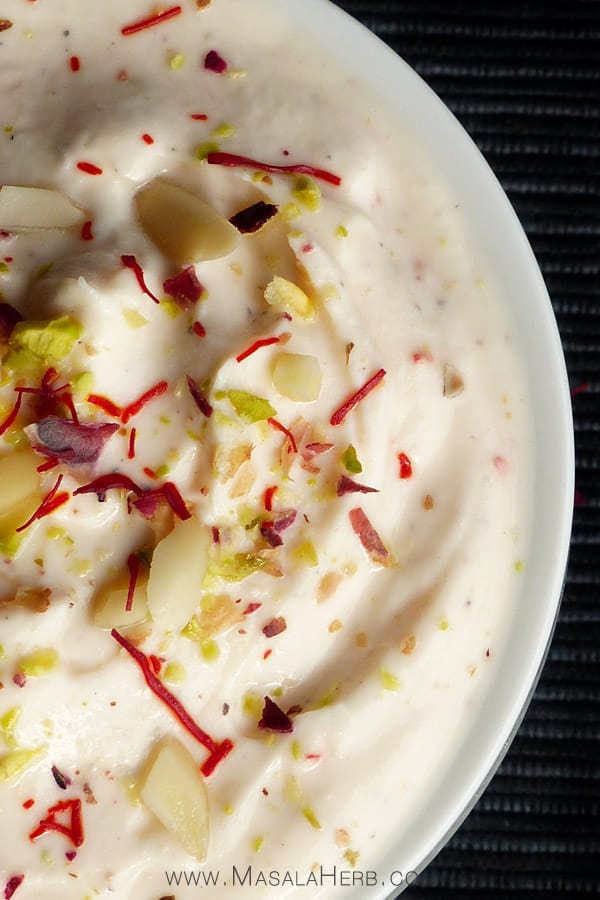 5-Minute Shrikhand Recipe - How to make Shrikhand with Greek Yogurt. Store in the fridge for later. Shrikhand is best served cold. www.masalaherb.com #Recipe #Indian #dessert