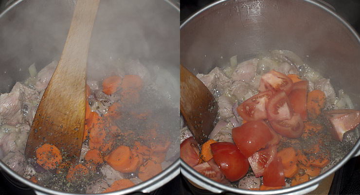 Saute onions and veal meat. Stir in carrot pieces, season with oregano and marjoram. Stir cook for a minute or two. Add tomato and garlic. Season with salt and black pepper.