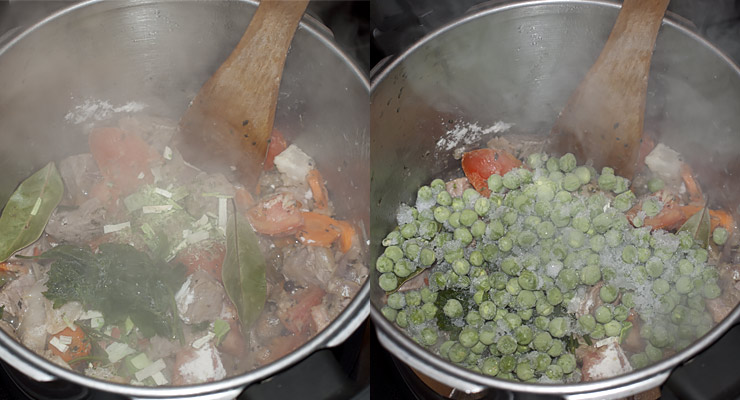 Mix in all-purpose flour, juniper berries, bay leaf, lovage herb, and remaining veggies, which include turnip, green peas, and leek. Also, stir in mushrooms and stock.