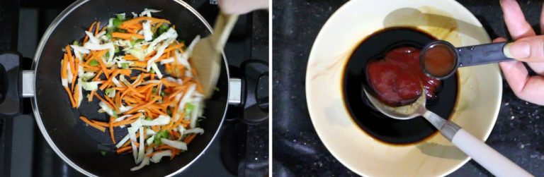 Stir cook vegetables. Prepare stir fry sauce.