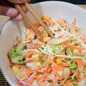 Kani Salad - How to make Kani Salad - japanese crab salad with carrot, cucumber, lettuce corn and mayo dressing. nutritious salad with protein seafood easily made at home www.MasalaHerb.com