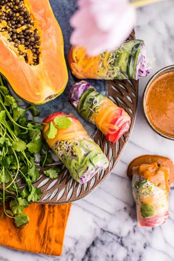10+ Papaya Recipes that will make you want to have more! - RAINBOW SPRING ROLLS WITH PAPAYA NOODLES + SPICY PEANUT SAUCE- Roundup Collection at www.MasalaHerb.com