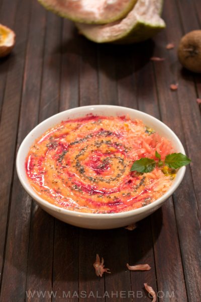 Pomelo Fruit Smoothie - What is Pomelo, Pummelo, Pomello [How to open + eat it] - the biggest natural citrus fruit in the world and stuffed with health benefits, a pomelo can weigh 2 kgs. www.MasalaHerb.com