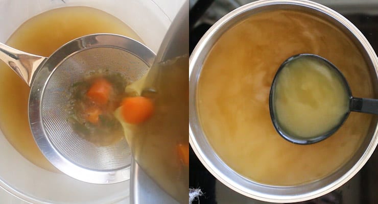 strain broth and heat up