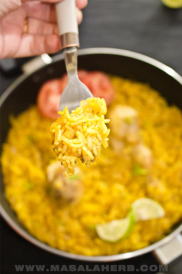 One-Pot Chicken and Rice Recipe - Easy flavorful 15 min weeknight meal [+VIDEO] Make a dinner for two. Yellow golden rice and aromatic spices for the senses. A comfortably easy dish to prepare from scratch. www.MasalaHerb.com #masalaherb #chicken #rice #onepot #weeknightdinner