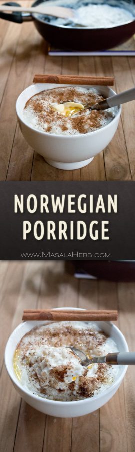 Norwegian Porridge Recipe - Risengrynsgrøt - One-Pot Rice Porridge [+Video] scandinavian christmas meal & healthier all year round breakfast dish made with rice and milk as main ingredients. www.MasalaHerb.com #porridge #rice #masalaherb #norwegian