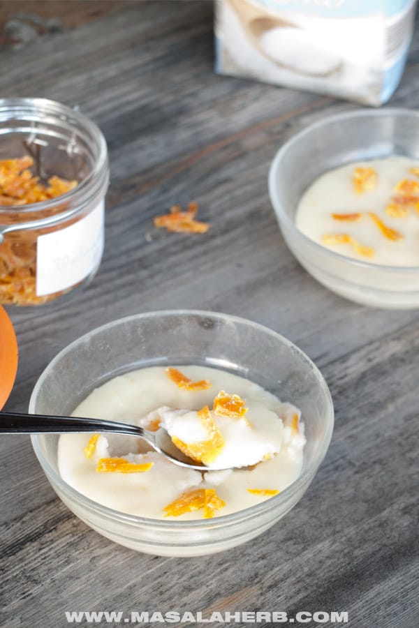 Semolina Pudding with Orange - How to make Cream of Wheat Porridge Recipe makes a great dessert after dinner. Flavored here with candied orange which is homemade. Recipe for the easy DIY orange candy can be found on the page www.MasalaHerb.com #semolina #dessert #masalaherb