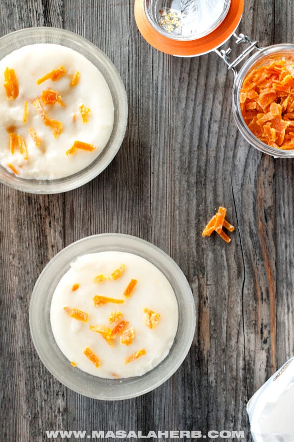 Semolina Pudding with Orange - How to make Cream of Wheat Porridge Recipe makes a great dessert after dinner. Flavored here with candied orange which is homemade. Recipe for the easy DIY orange candy can be found on the page www.MasalaHerb.com #semolina #dessert #masalaherb