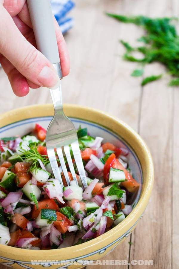 Easy Shirazi Salad - Refreshing Persian Salad Recipe - cucumber, tomato, onion and fresh herbs makes this salad with a light tart dressing a refreshing side dish during the hot summer days. Serve with meat kebabs, bbq, steak, pilaf, flat bread. www.MasalaHerb.com #salad #persian #herbs