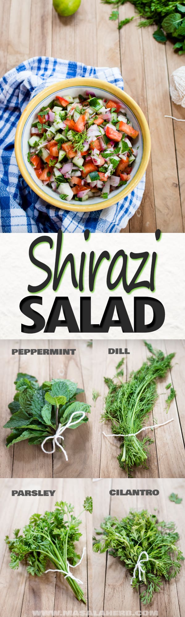 Easy Shirazi Salad - Refreshing Persian Salad Recipe - cucumber, tomato, onion and fresh herbs makes this salad with a light tart dressing a refreshing side dish during the hot summer days. Serve with meat kebabs, bbq, steak, pilaf, flat bread. www.MasalaHerb.com #salad #persian #herbs
