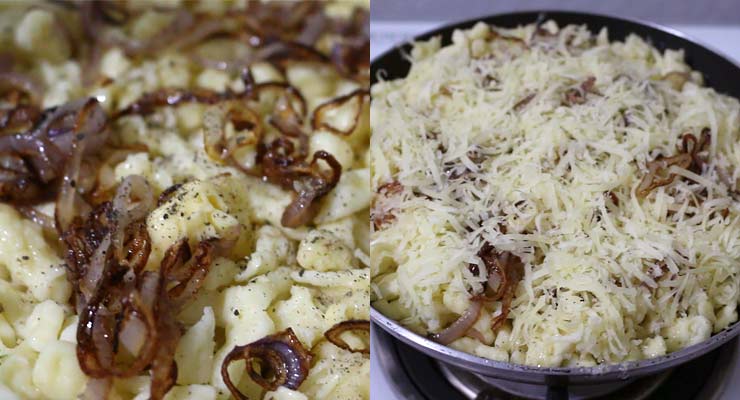 top spaetzle with onion, seasoning and cheese