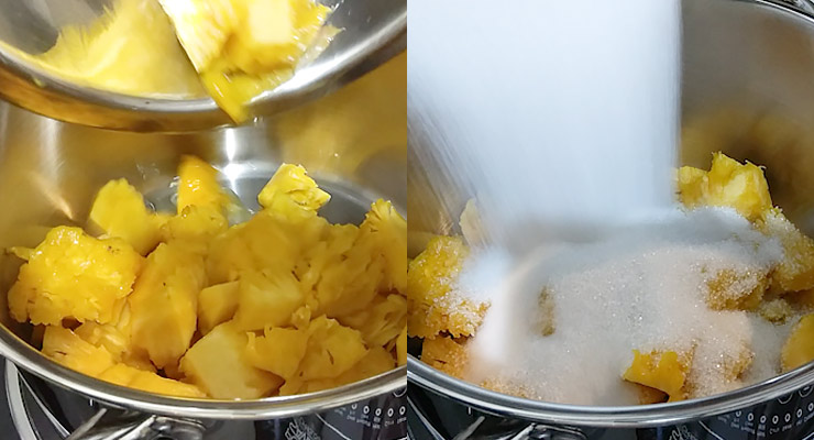 Cut pineapple into chunks and place with sugar in large pan.