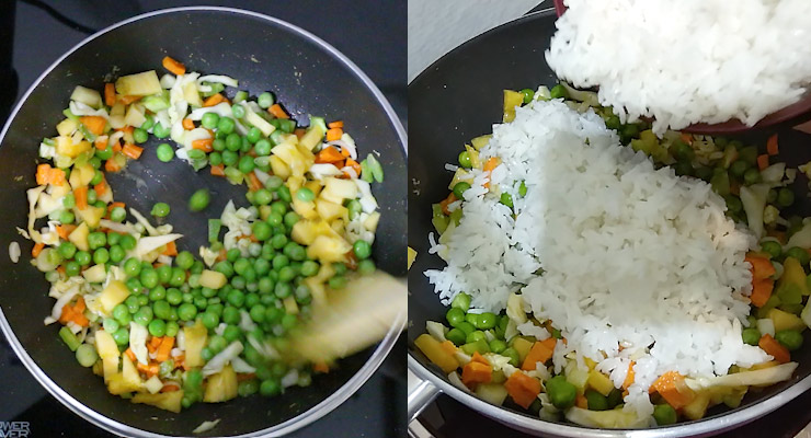 Heat up a shallow deep pan and stir fry veggies and pineapple. Stir rice in.