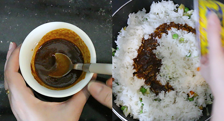 Prepare stir fry sauce and pour over rice in the pan.