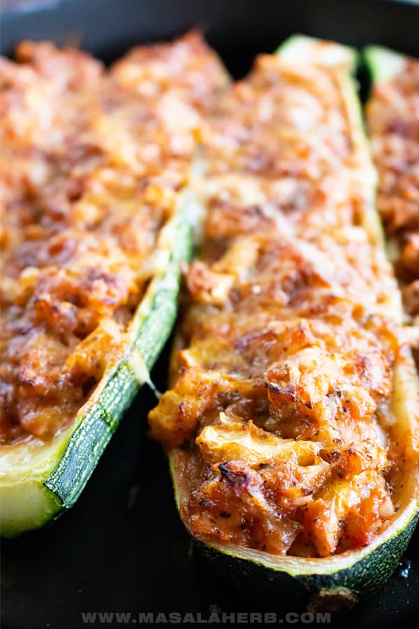 zucchini boats close up baked