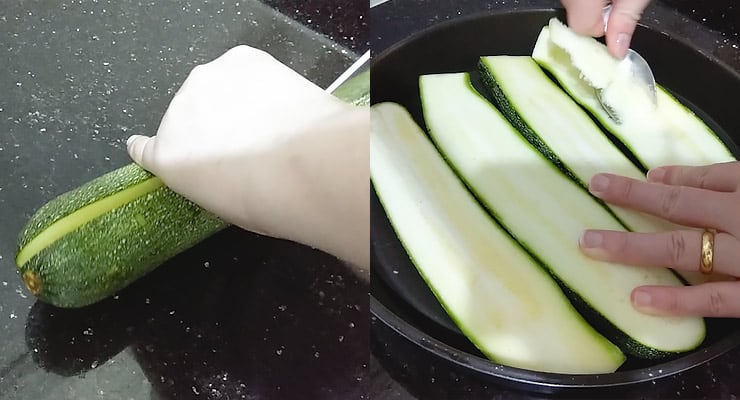 cut zucchini lengthwise and hollow out