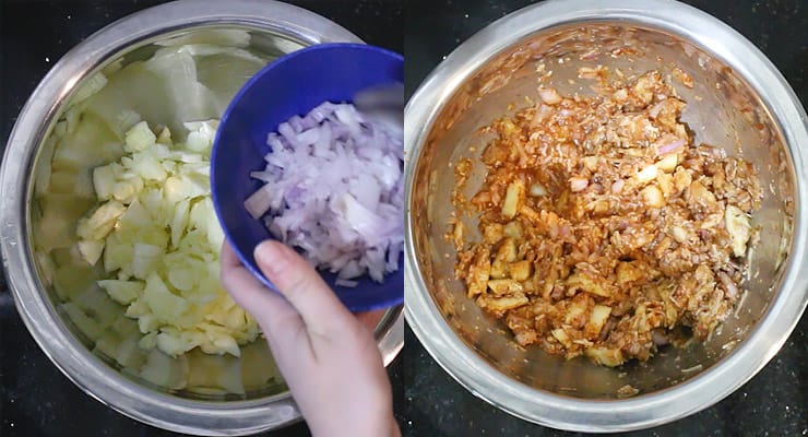 prepare zucchini boat stuffing by mixing ingredients together in a bowl