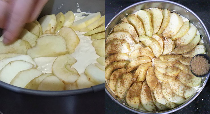 pour batter into mold and arrange apple slies over that