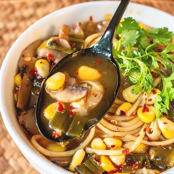 Easy Hot and Sour Soup with Noodles and Sweet Corn