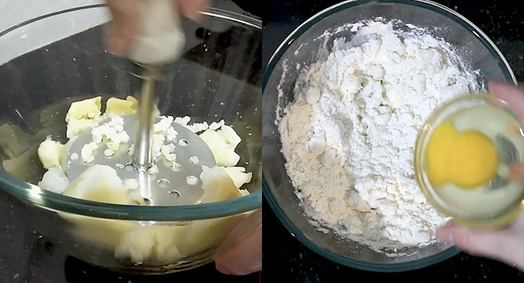 Mash boiled potatoes. Place mashed potatoes with flour, salt, pepper, nutmeg, and egg into a bowl.