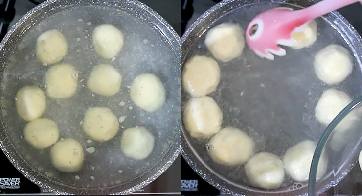 Keep a pot with salt water to boil. Drop dumpling balls into the boiling water. Boil until they swim on top. Strain and serve up.