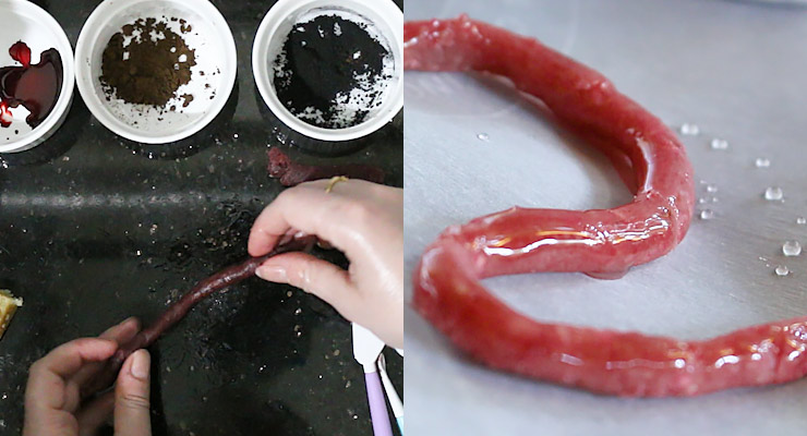 Shape and roll into a worm. Brush with syrup.