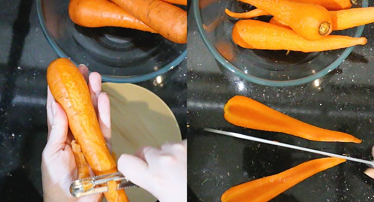peel and cut carrots in half