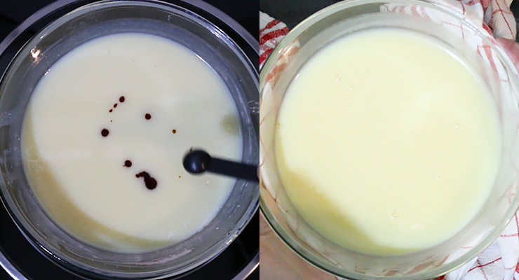 Pour in milk and vanilla extract and mix in. Take from the heat and allow it to cool completely.