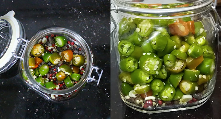place spices and sliced jalapenos into a jar