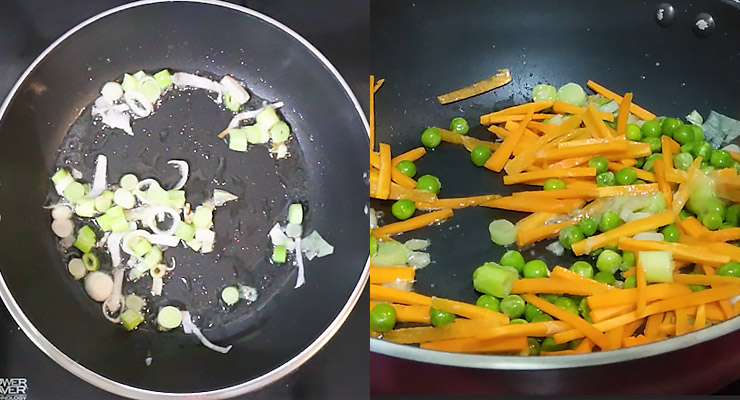 Heat up a wok or shallow pan with oil. Stir cook ginger and garlic and vegetables over high heat for a minute.