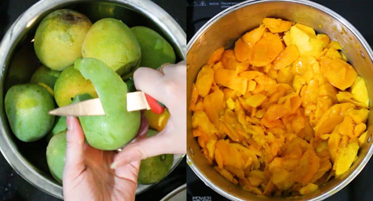 Peeling mango. You can cut your mango fruit small if there are no fibers.