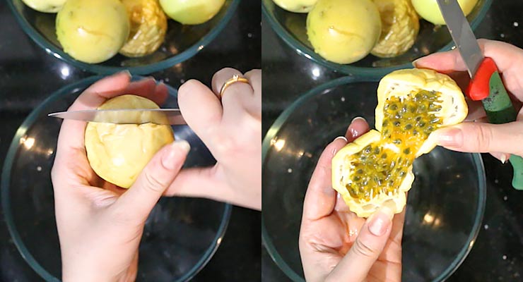 Cut passion fruit into two to reveal pulp.
