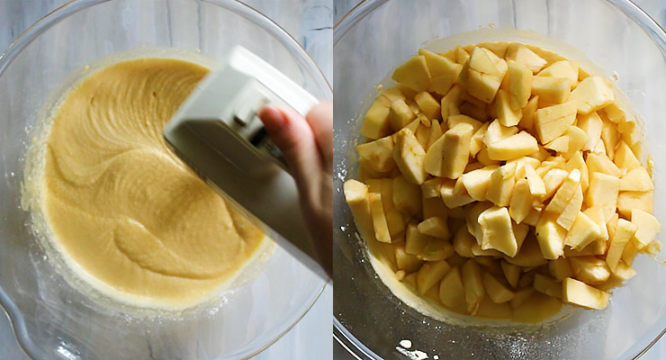 prepare batter and add sliced apples to it