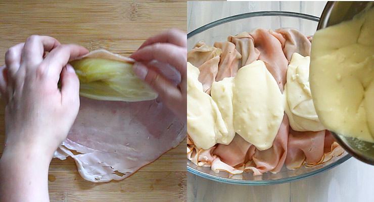 roll endives into ham, arrange in baking dish, top with bechamel and cheese. Bake