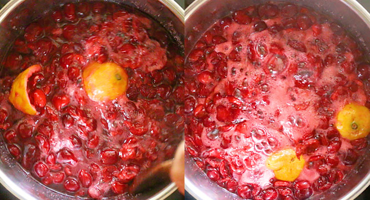 Bring pitted cherries, sugar, lemon juice and lemon halves to a rolling boil