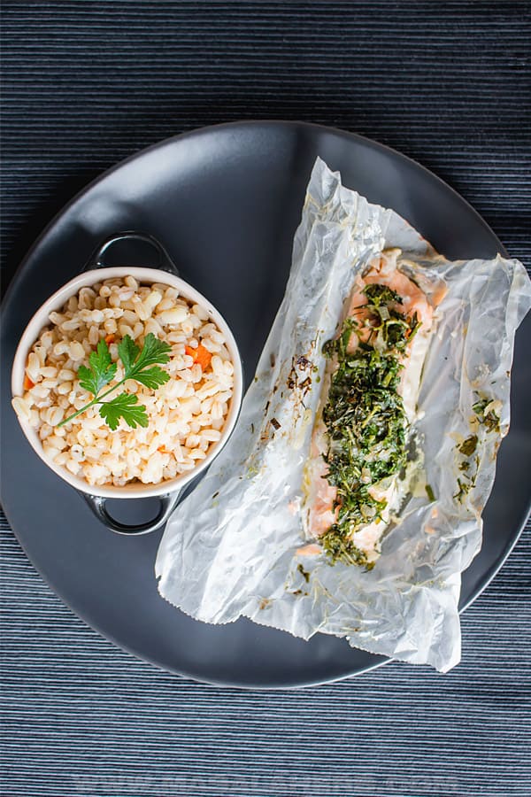 Salmon in Parchment served with ebly wheatberries