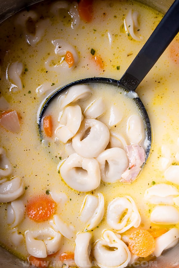 tortellini soup with ham in pot with soup ladl