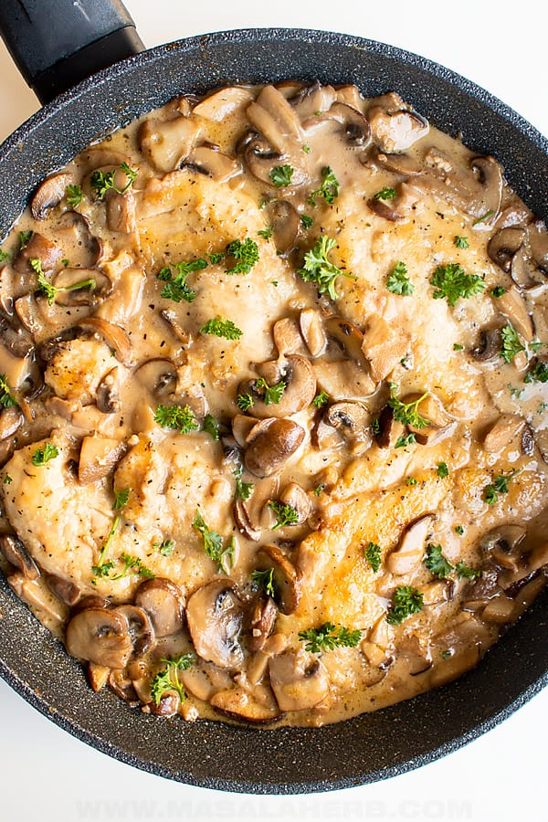 chicken marsala in pan bird view picture