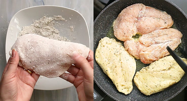 coat chicken with flour and fry