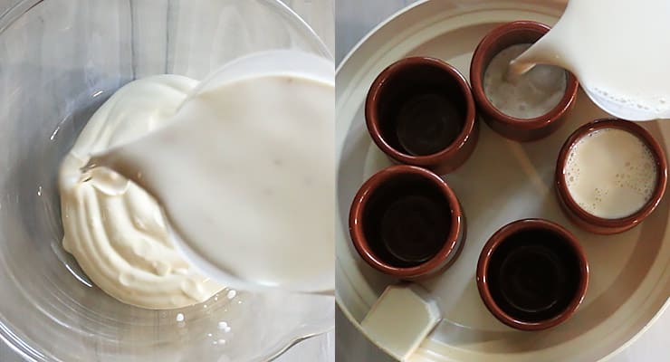 pour milk to yogurt. pour milk yogurt blend into individual pots