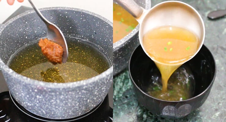 adding misoshiru paste in dashi and serving up miso soup