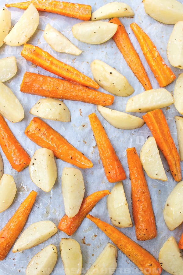 roasted potatoes and carrots sheet pan bird view