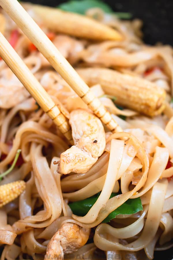 Chop sticks with thai drunken noodles